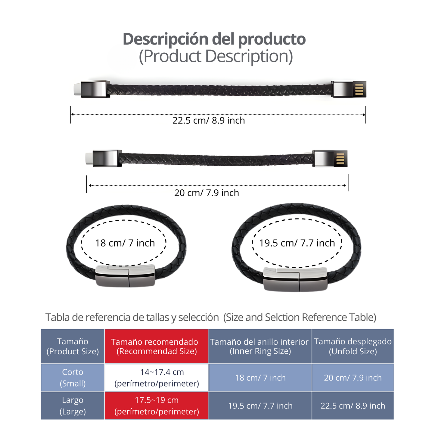 Pulsera Cargador USB 3 en 1 de Cuero | Cable USB Portátil USB-C y Micro USB