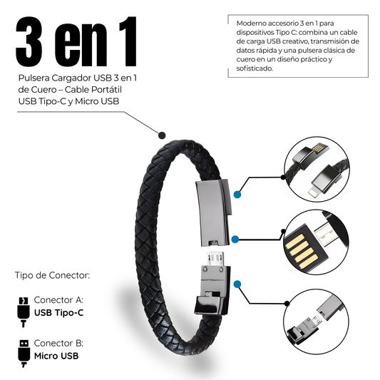 Pulsera Cargador USB 3 en 1 de Cuero | Cable USB Portátil USB-C y Micro USB