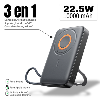 Banco de energía magnético 3 en 1 Inalámbrico de 10000 mAh