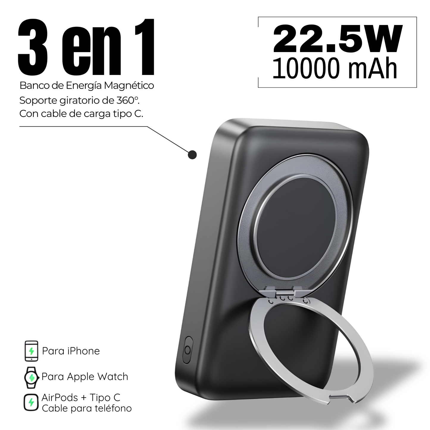 Banco de energía magnético 3 en 1 Inalámbrico de 10000 mAh