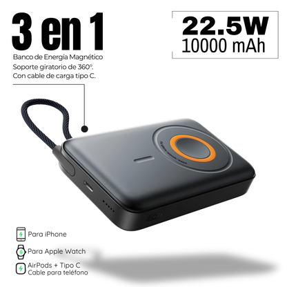 Banco de energía magnético 3 en 1 Inalámbrico de 10000 mAh